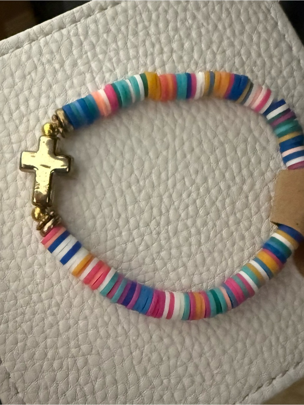 Multicolor Disc Bead Stretch Bracelet with Gold Cross Charm NWT